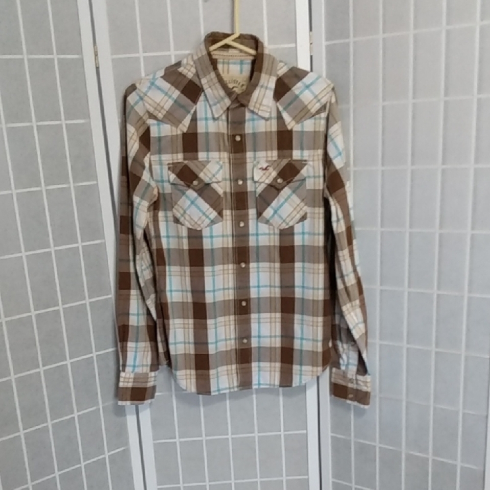Hollister Plaid Western Snap Button Long Sleeve Shirt Men's Brown Blue White - Picture 8 of 15